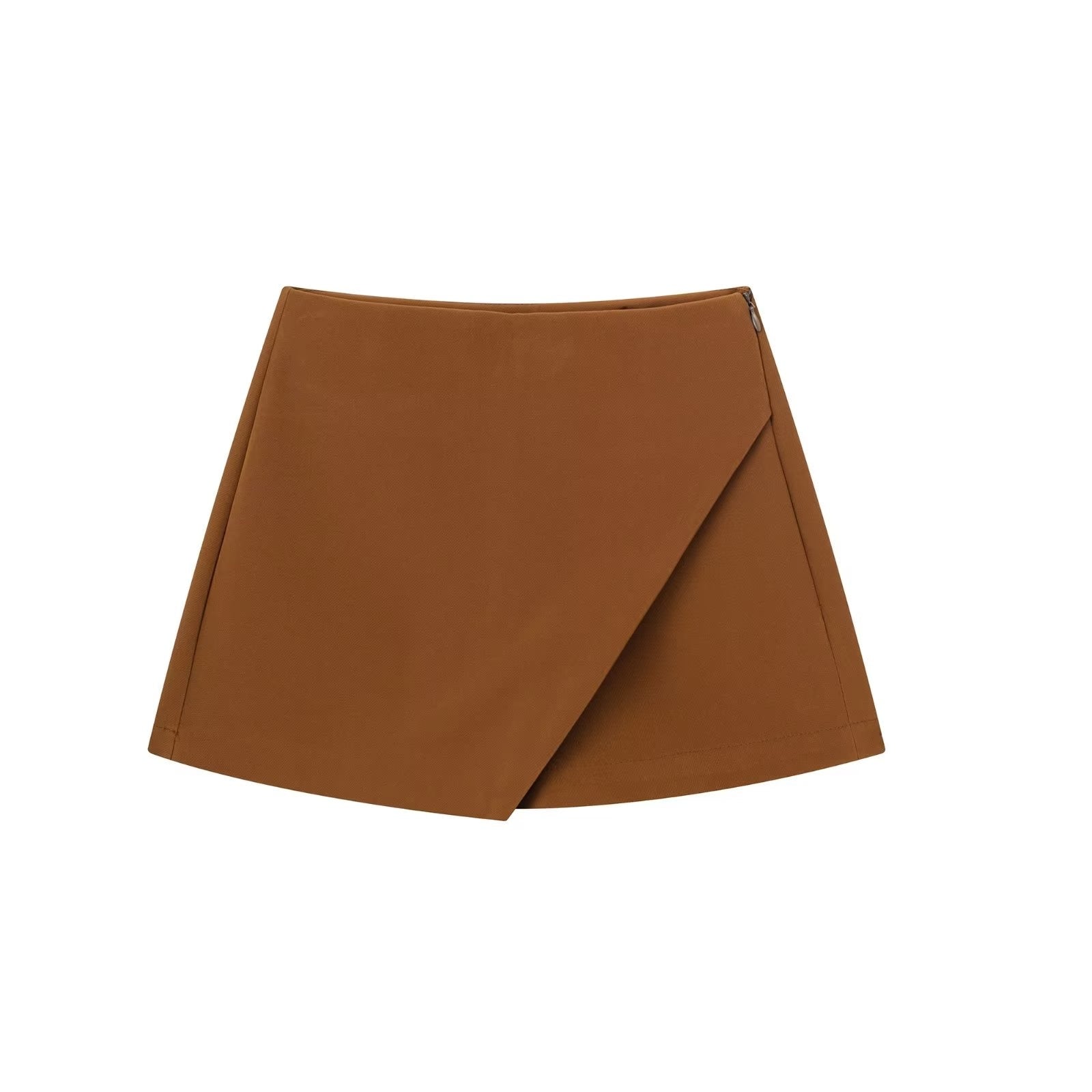Jupe portefeuille marron en tissu uni, design moderne et minimaliste, idéale pour la mode féminine automne-hiver. Fermeture éclair latérale.