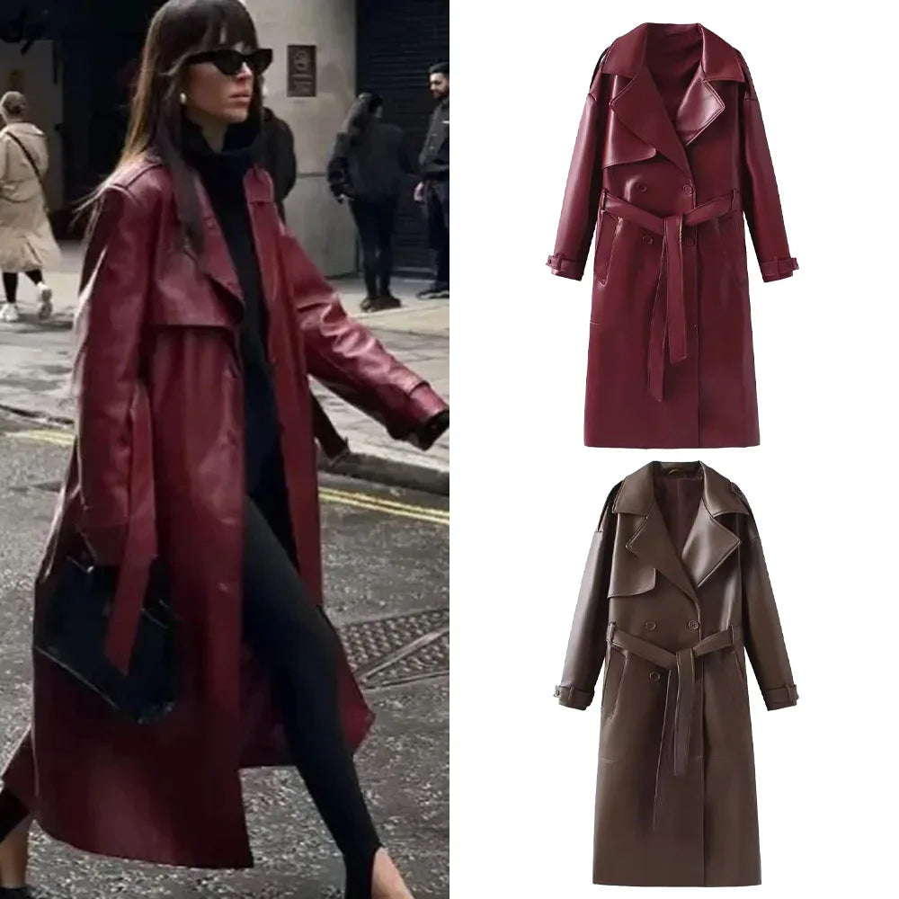 Manteau long en cuir rouge pour femme, élégant et tendance, avec ceinture. Idéal pour l'automne et l'hiver. Mode urbaine chic.