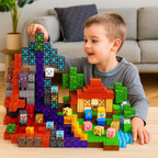Enfant jouant avec des blocs de construction colorés inspirés de Minecraft, créant une scène avec maison, arbres et personnages sur une table en bois.