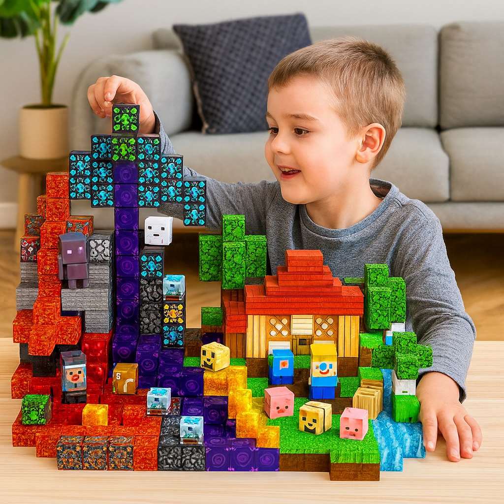 Enfant jouant avec des blocs de construction colorés inspirés de Minecraft, créant une scène avec maison, arbres et personnages sur une table en bois.