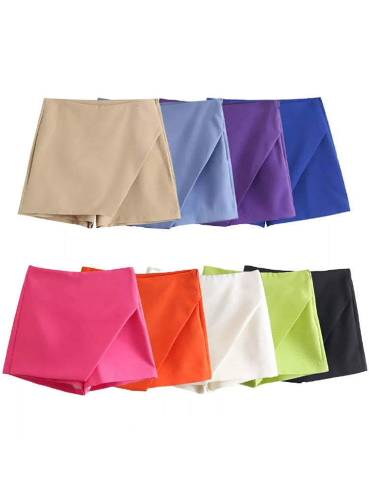Shorts en tissu coloré, disponibles en beige, bleu, violet, rose, orange, blanc, vert et noir. Mode été, vêtements décontractés pour femmes.