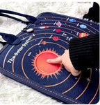 Sac éducatif système solaire pour enfants, design planètes colorées, main pointant le soleil, idéal apprentissage astronomie, jouet interactif.