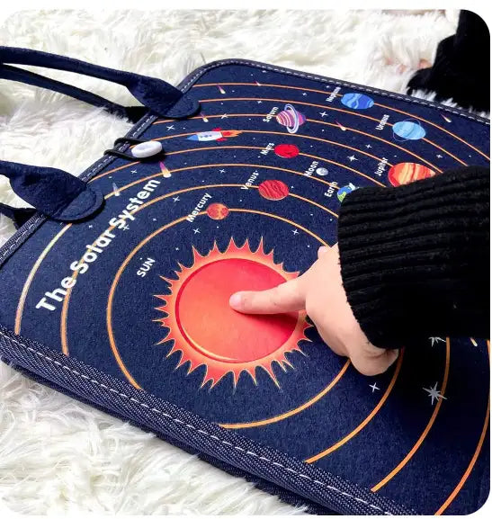 Sac éducatif système solaire pour enfants, design planètes colorées, main pointant le soleil, idéal apprentissage astronomie, jouet interactif.