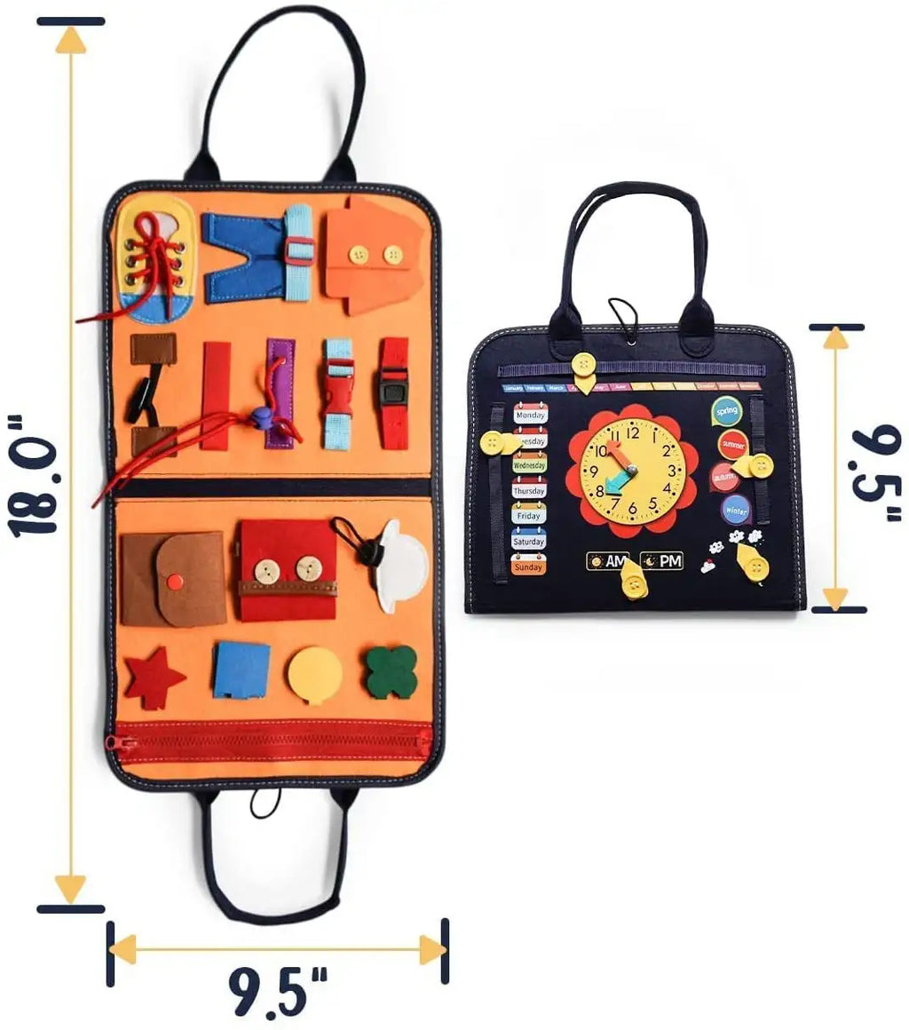 Jeu éducatif en tissu pour enfants, 18x9,5 pouces, avec activités de motricité fine, horloge d'apprentissage, boutons, fermetures et formes colorées.