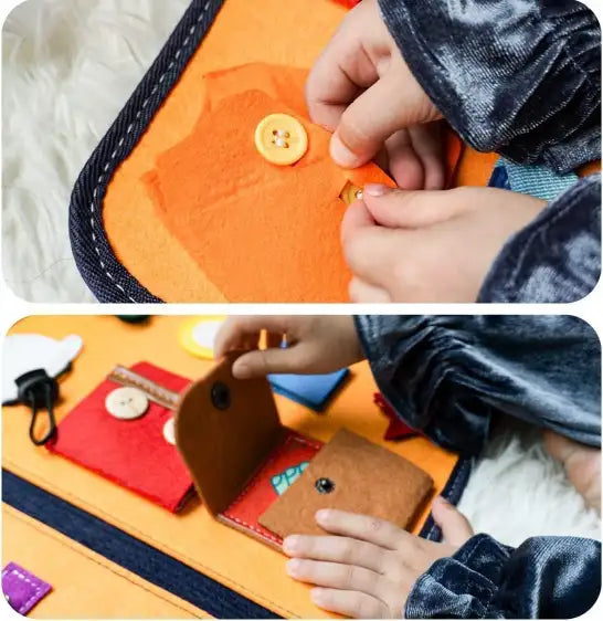 Enfant jouant avec un livre sensoriel en feutrine, boutons et poches. Activité éducative Montessori, développement motricité fine, jouet interactif.