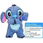 Peluche interactive bleue avec grandes oreilles, yeux expressifs, offrant quatre modes: respiration, sons, lumières, musique. Jouet éducatif pour enfants.