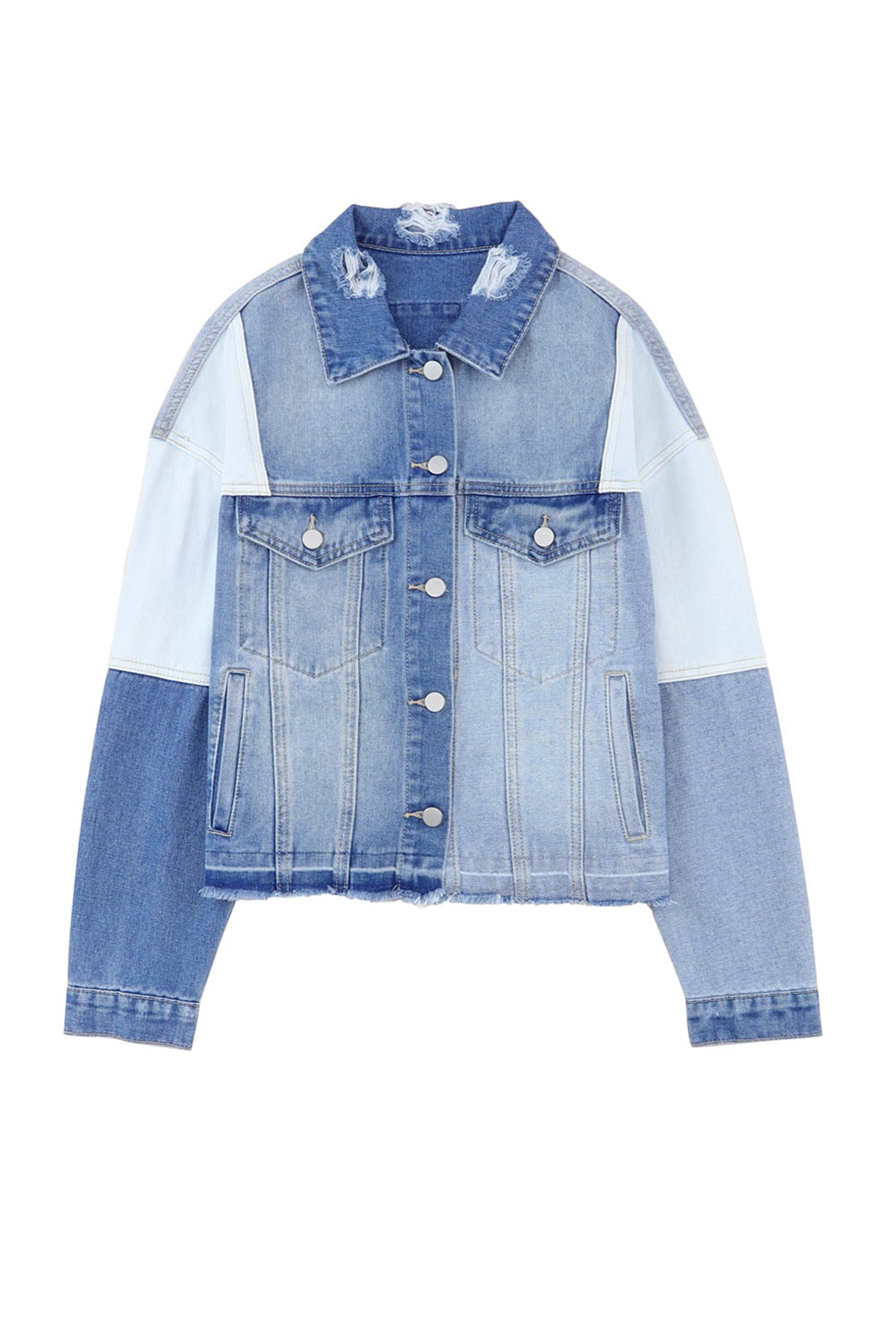 Veste en denim élégante avec patchwork et ourlet effiloché - Femmes