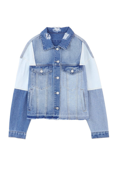 Veste en denim élégante avec patchwork et ourlet effiloché - Femmes