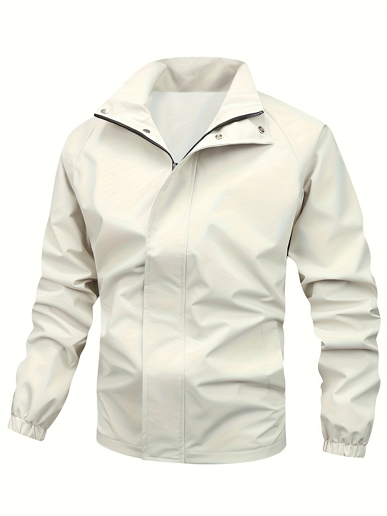 Veste imperméable blanche pour homme, design moderne, fermeture éclair, col montant, manches longues, idéale pour la pluie et les activités extérieures.