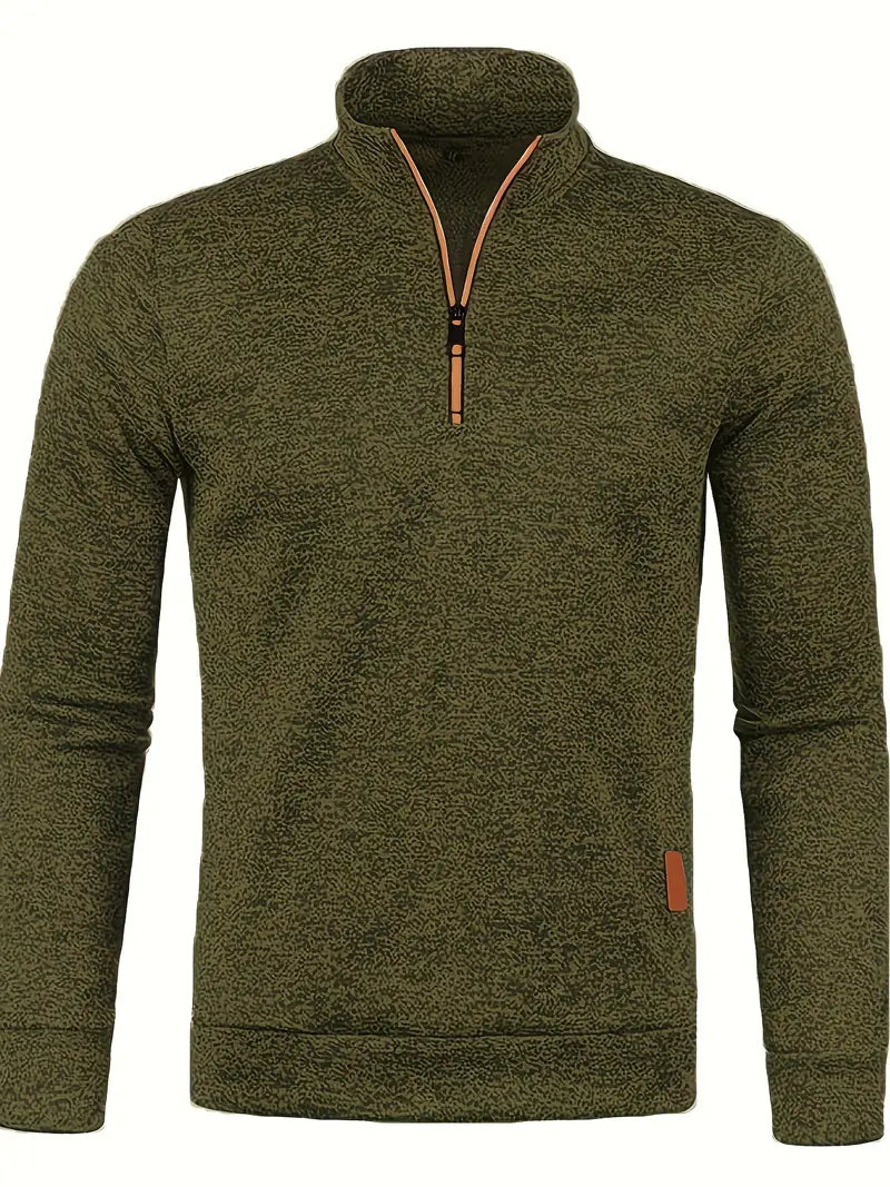 Pull polaire vert olive pour homme avec fermeture éclair demi-longueur, col montant, manches longues. Style décontracté et chaud pour l'hiver.