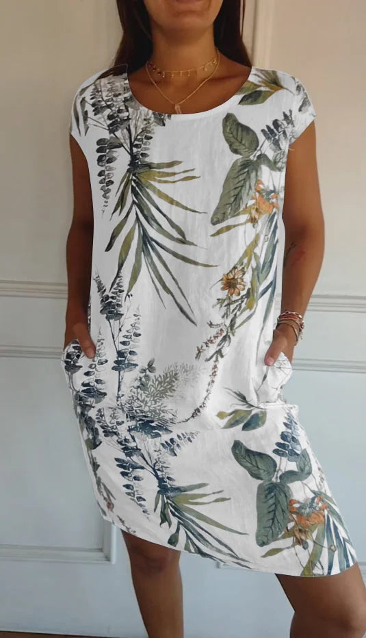 Elisabeth - Vestido de mujer de algodón y lino con cuello redondo