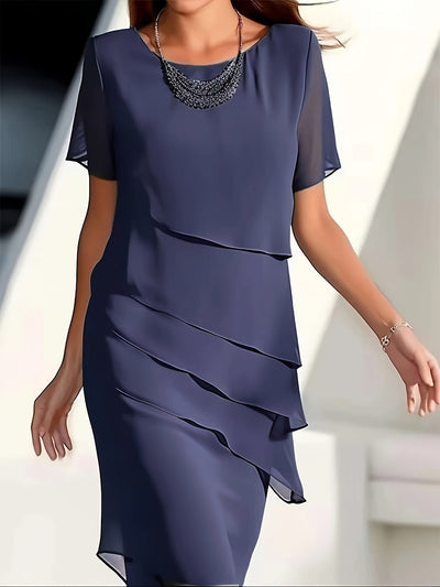 Elegante vestido formal de una sola capa con ribete de color, cuello redondo y manga corta para mujer | Para ocasiones formales