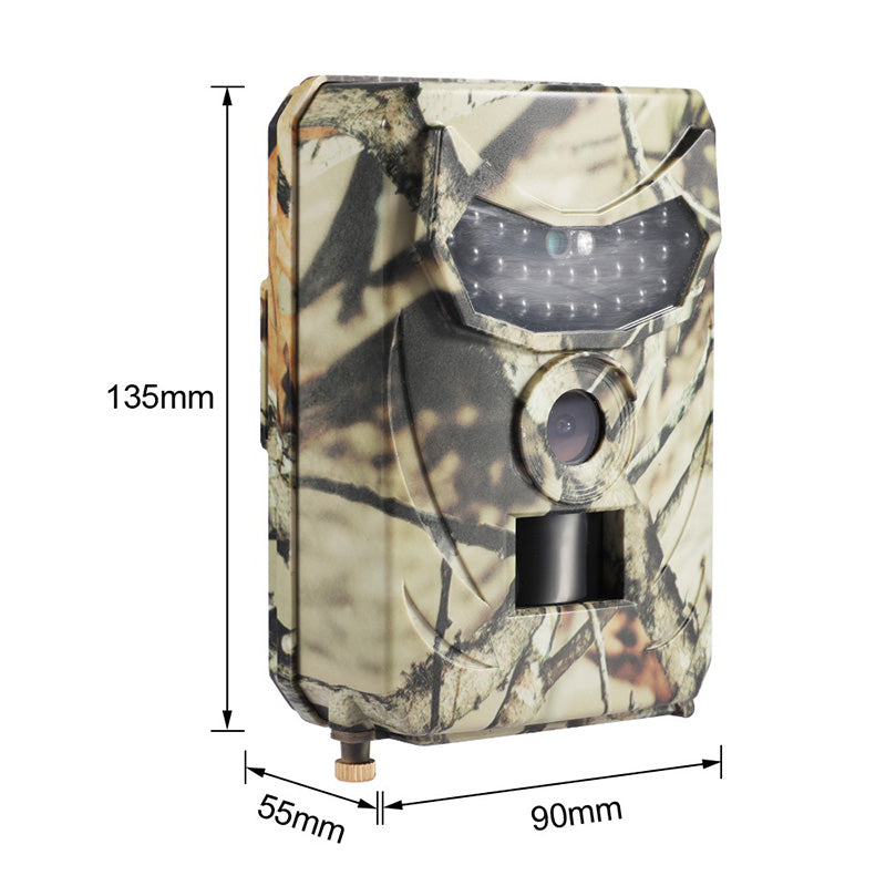 Appareil photo de chasse camouflage avec capteur infrarouge, dimensions 135x90x55mm, idéal pour surveillance faune, photographie nocturne.