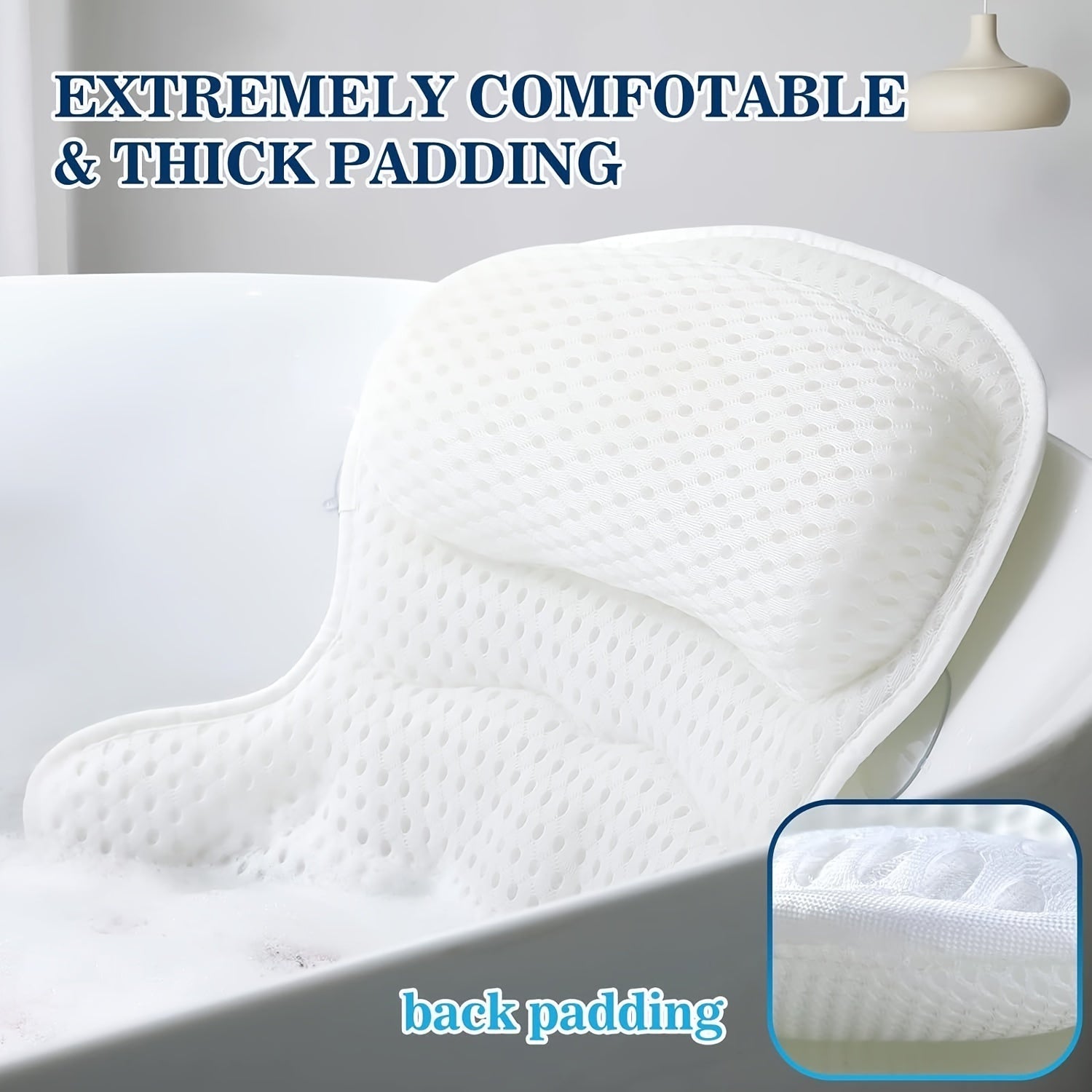 Coussin de bain blanc avec rembourrage épais et confortable, idéal pour le soutien du dos dans la baignoire. Accessoire de bain ergonomique.