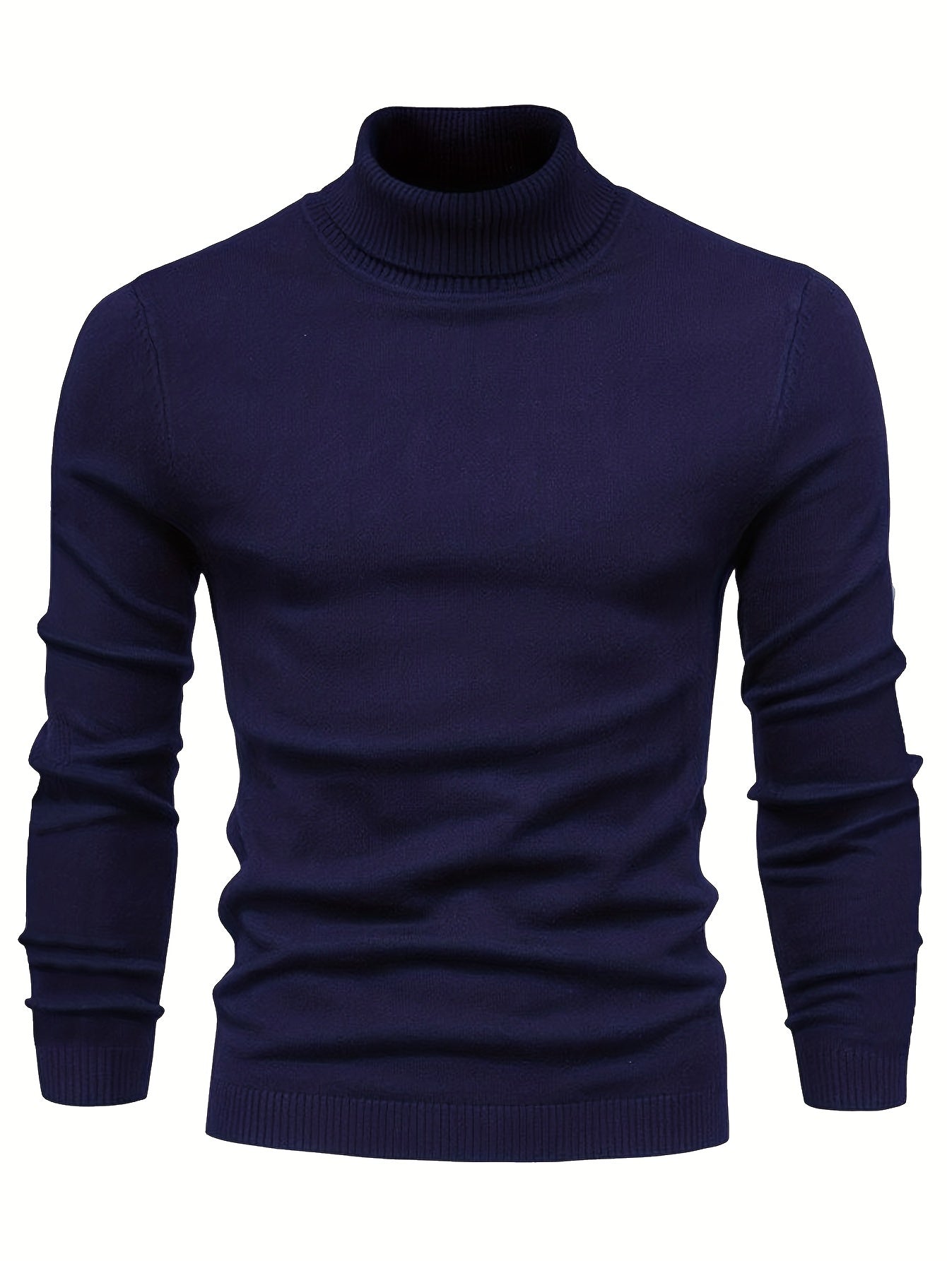 Pull col roulé bleu marine pour homme, manches longues, tricoté, style élégant et moderne, idéal pour l'hiver et les tenues décontractées.