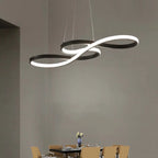 Suspension LED moderne en forme de boucle infinie, éclairage design au-dessus d'une table à manger, intérieur contemporain, décoration élégante.