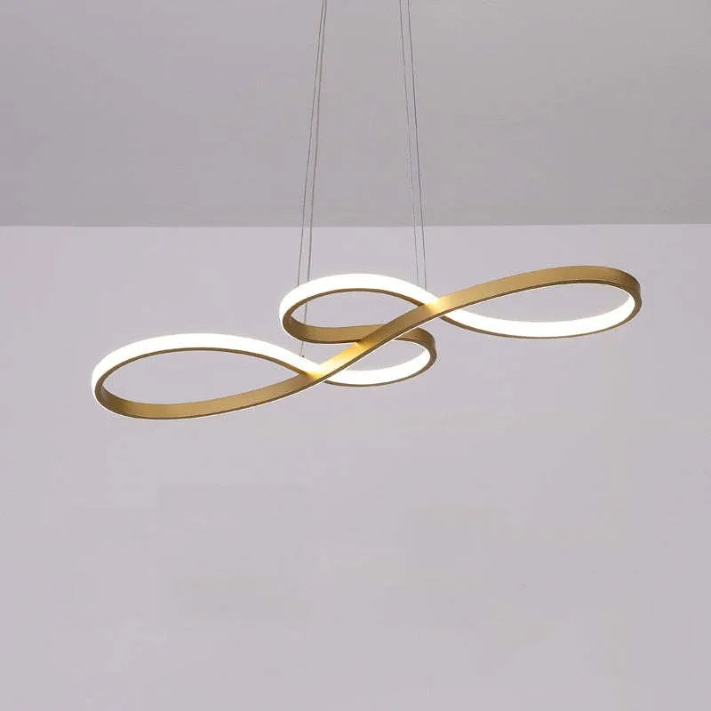 Suspension LED moderne en forme de boucle dorée, design élégant et minimaliste, éclairage intérieur contemporain, décoration maison tendance.