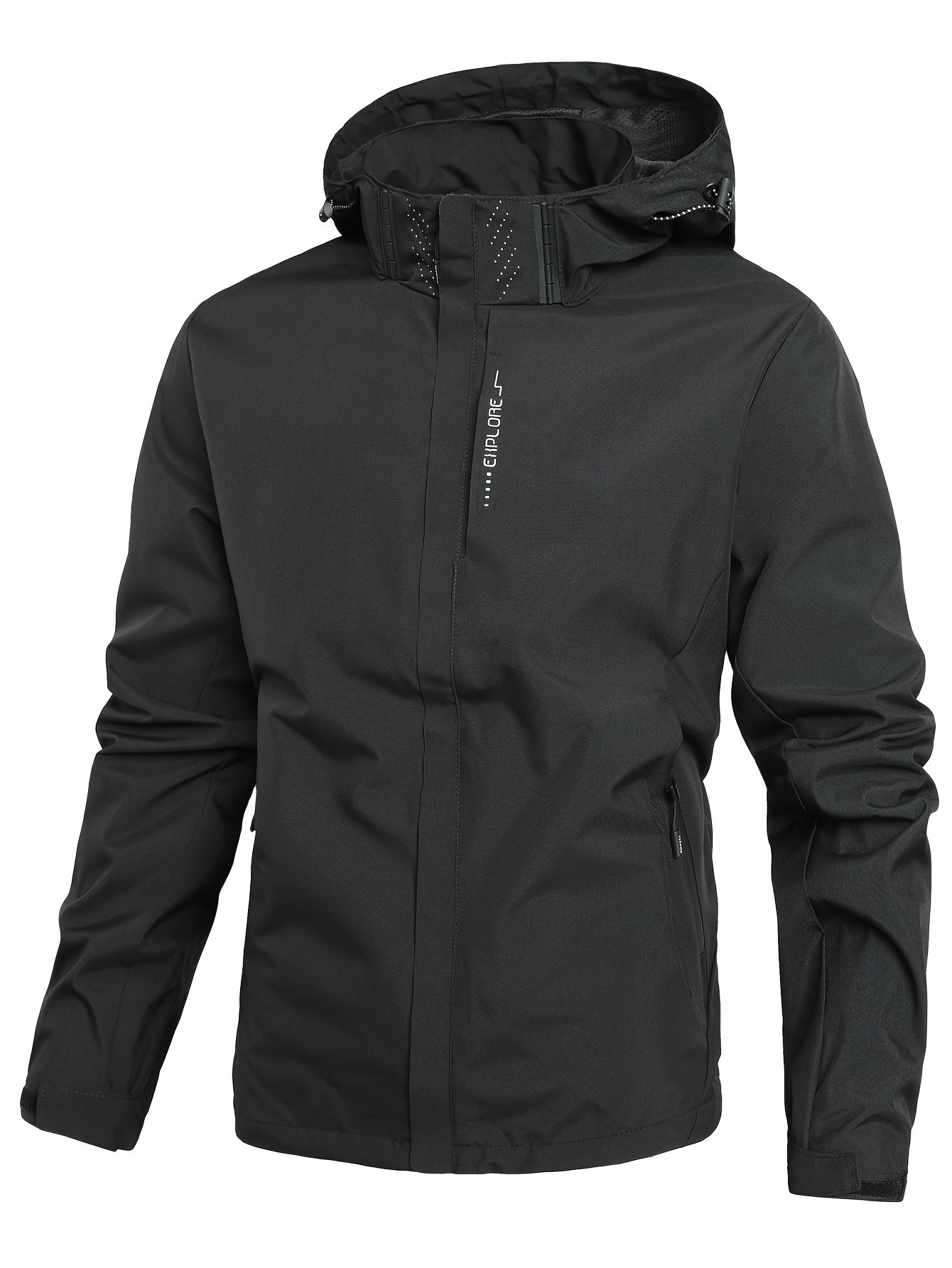 Veste imperméable noire pour homme avec capuche, fermeture éclair frontale, poches latérales zippées. Idéale pour activités extérieures et randonnée.