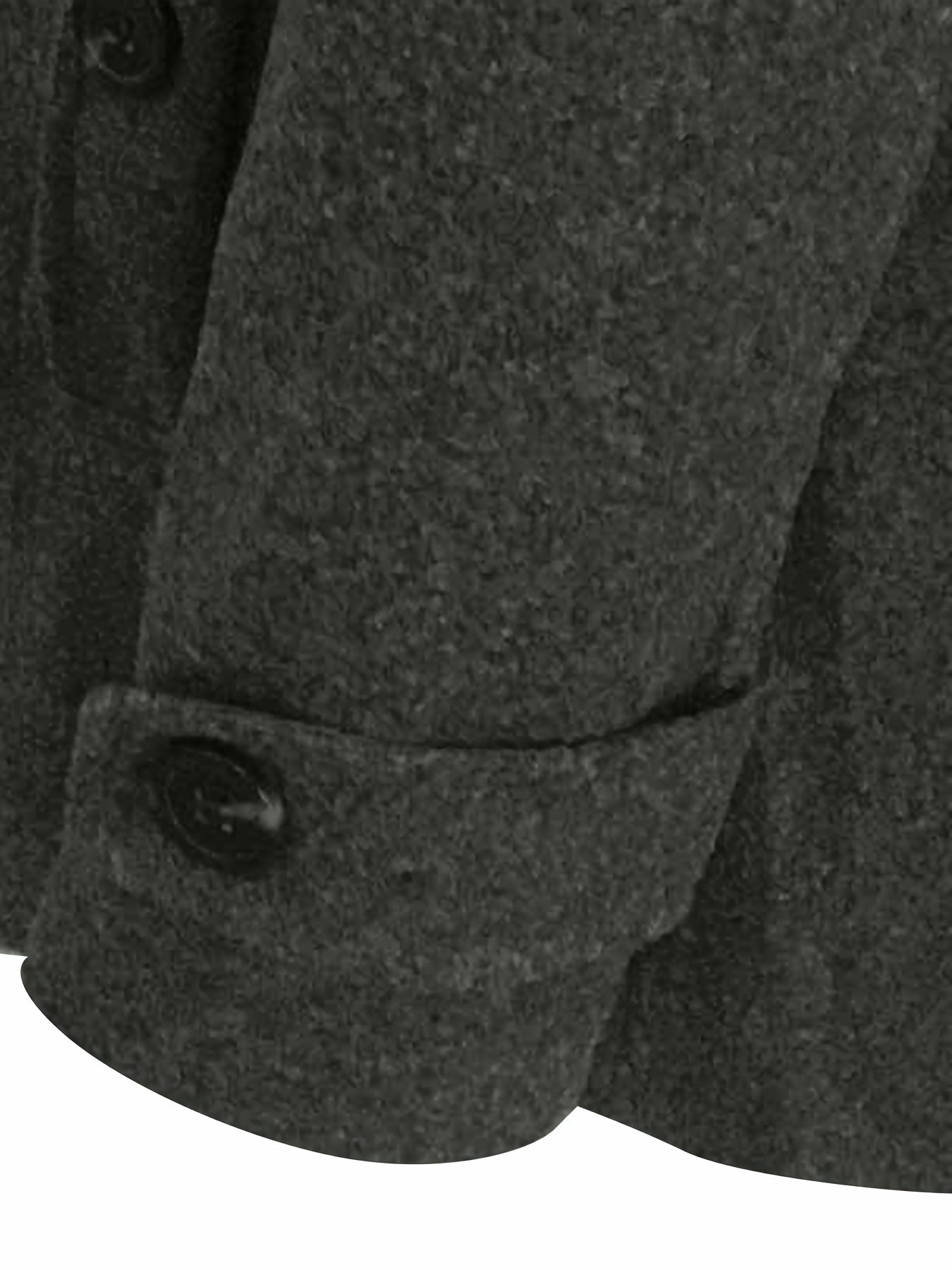 Manteau en laine gris foncé avec boutons noirs, texture épaisse et manche repliée. Mode hiver élégante, vêtement chaud pour homme.