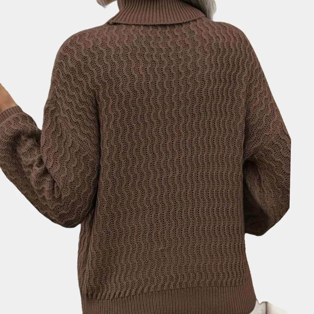 Pull en maille marron à col roulé, motif ondulé, manches longues, style décontracté. Mode automne-hiver, vêtement chaud et confortable.