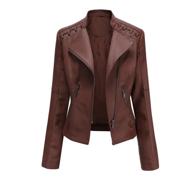 Veste en cuir marron pour femme avec fermeture éclair, design moderne et détails lacés sur les épaules. Mode automne, style élégant et tendance.