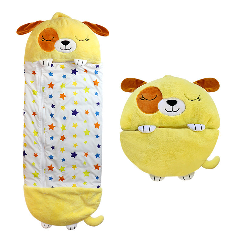 Sac de couchage enfant en forme de chien jaune, motif étoiles colorées, doux et confortable, idéal pour le sommeil et les siestes des tout-petits.