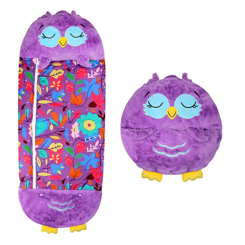 Sac de couchage enfant hibou violet, motif floral coloré, peluche douce, idéal pour chambre d'enfant, cadeau parfait, confort et style.