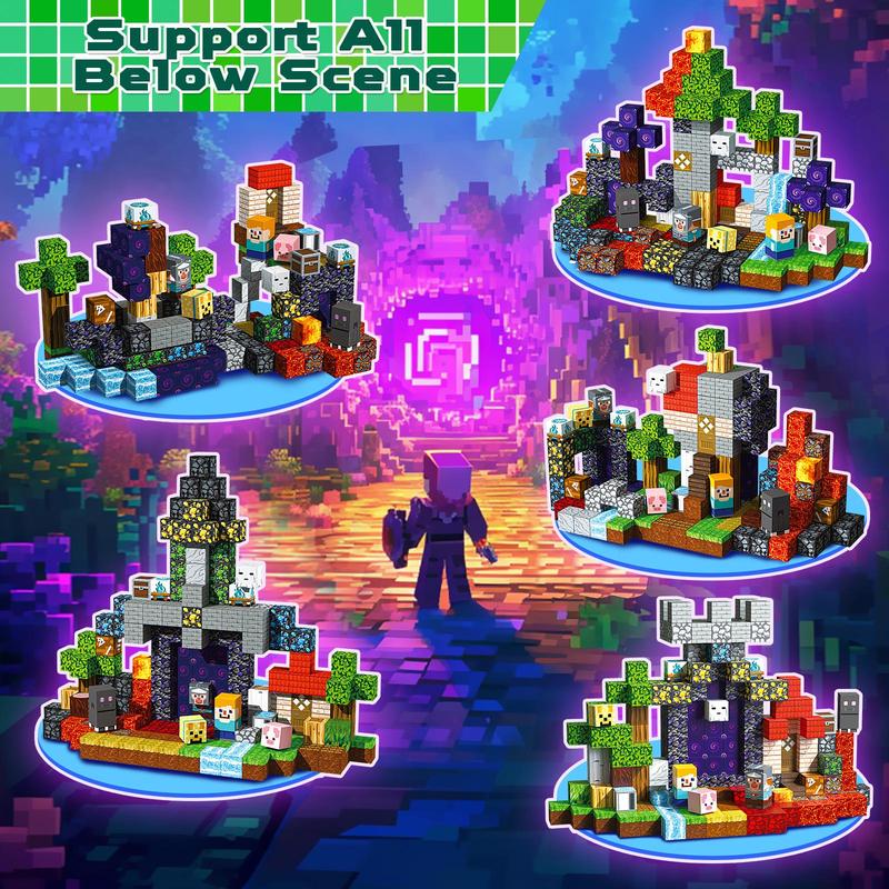 Image de blocs de construction inspirés de jeux vidéo, représentant des scènes pixelisées colorées avec un personnage central, idéal pour les fans de jeux rétro.