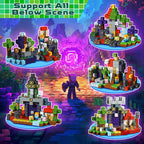 Image de blocs de construction inspirés de jeux vidéo, représentant des scènes pixelisées colorées avec un personnage central, idéal pour les fans de jeux rétro.