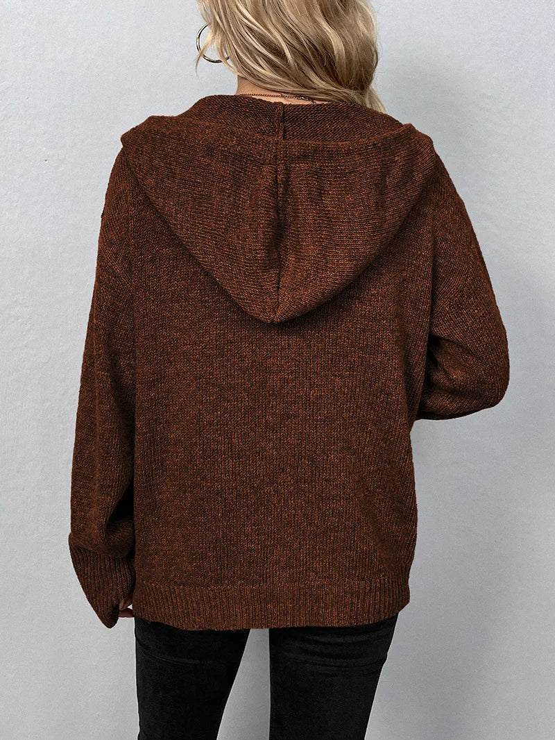 Femme portant un pull à capuche marron en tricot, vue de dos, sur fond gris. Mode automne-hiver, vêtement chaud et confortable.