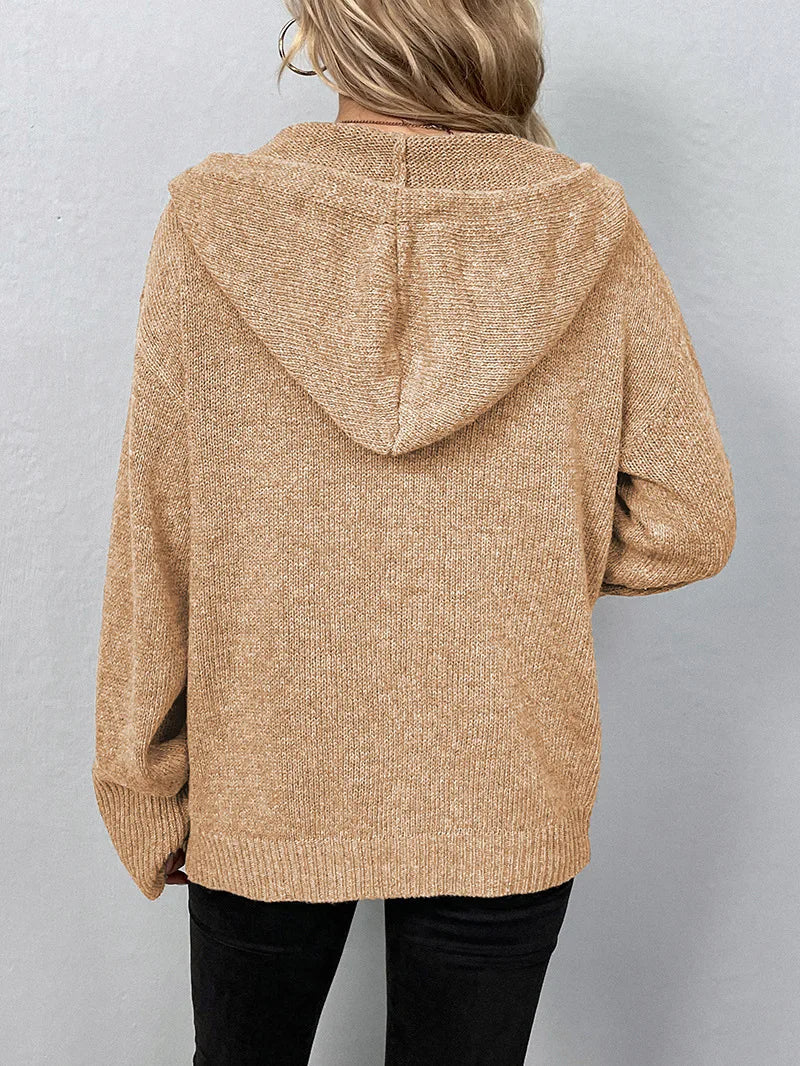 Femme portant un pull à capuche beige en tricot, vue de dos. Mode automne, vêtement confortable, style décontracté.