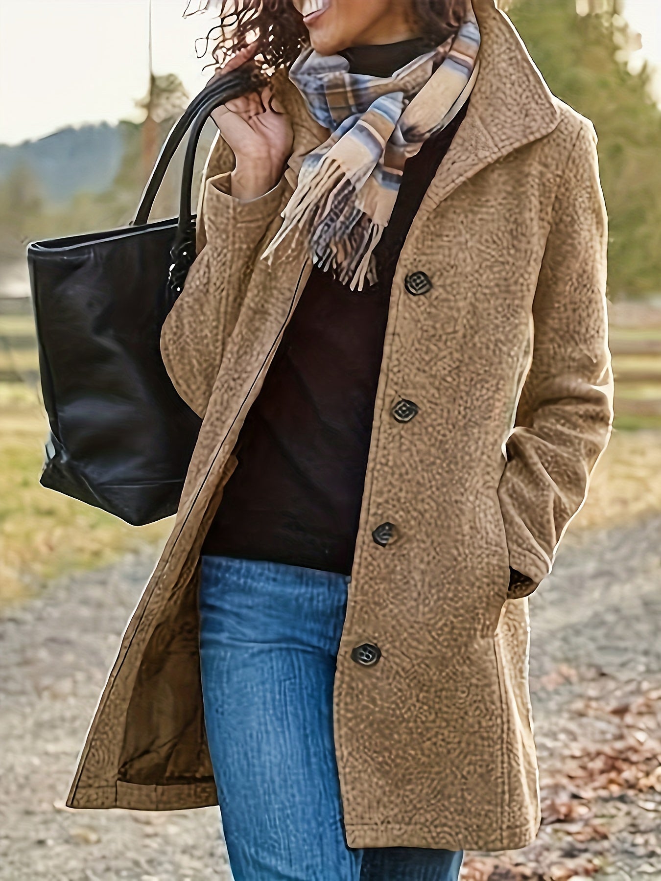 Femme souriante portant un manteau beige élégant, écharpe à carreaux, sac à main noir, marchant en extérieur automnal. Mode hiver chic et décontractée.