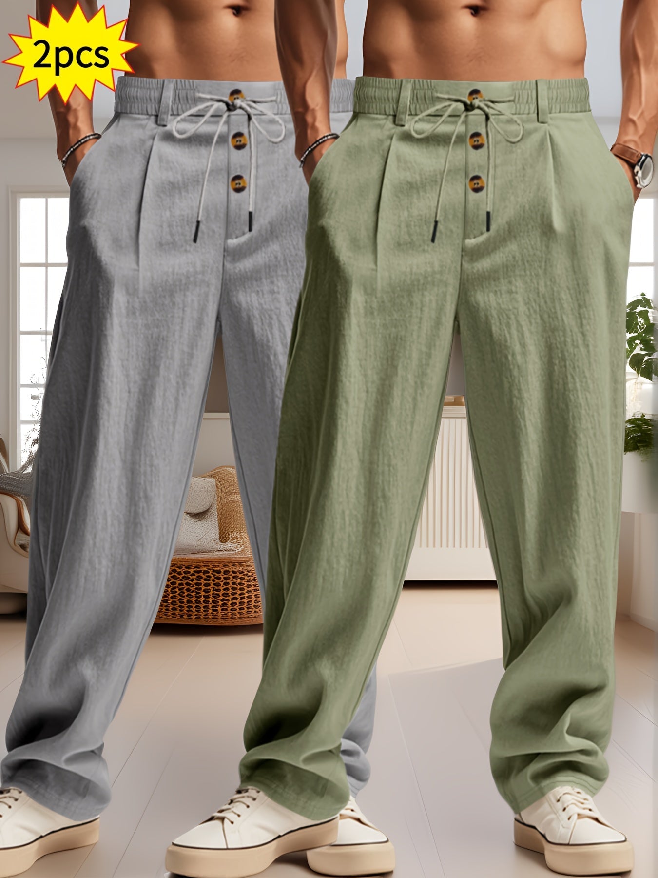 Deux pantalons amples pour hommes, gris et vert, avec cordon de serrage et boutons, posés dans un salon moderne. Offre spéciale 2 pièces.