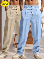 Pantalons décontractés en lin pour hommes, beige et bleu, avec cordon de serrage et boutons, parfaits pour l'été. Ensemble de 2 pièces.