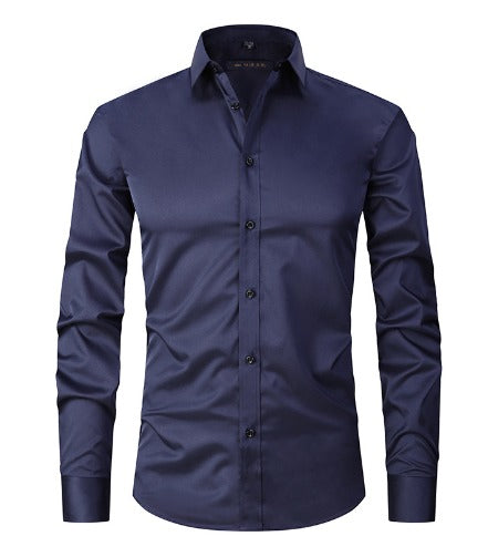 Chemise homme bleu marine élégante, manches longues, col classique, boutons noirs, tissu lisse. Mode masculine, tenue formelle, style moderne.