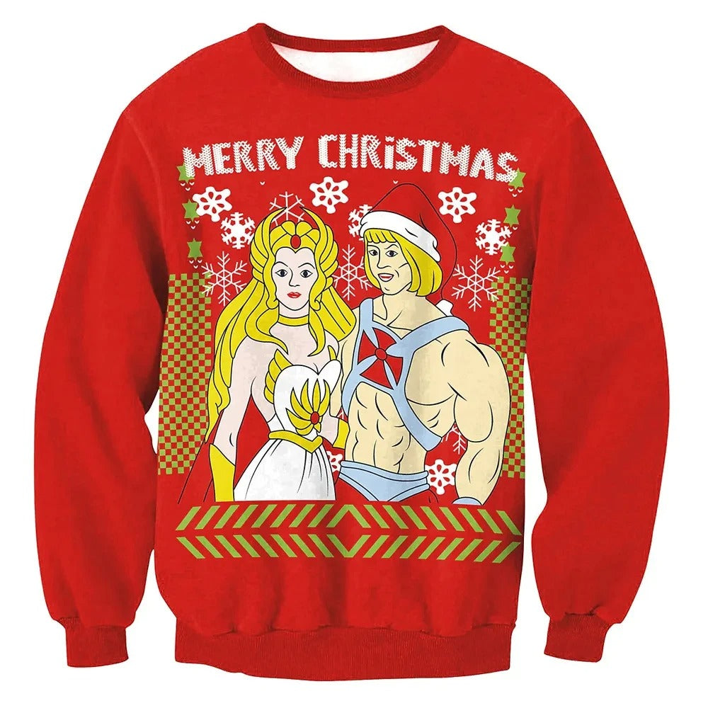 Pull de Noël rouge avec personnages de dessin animé, motifs flocons de neige et texte "Merry Christmas". Style rétro, idéal pour fêtes de fin d'année.