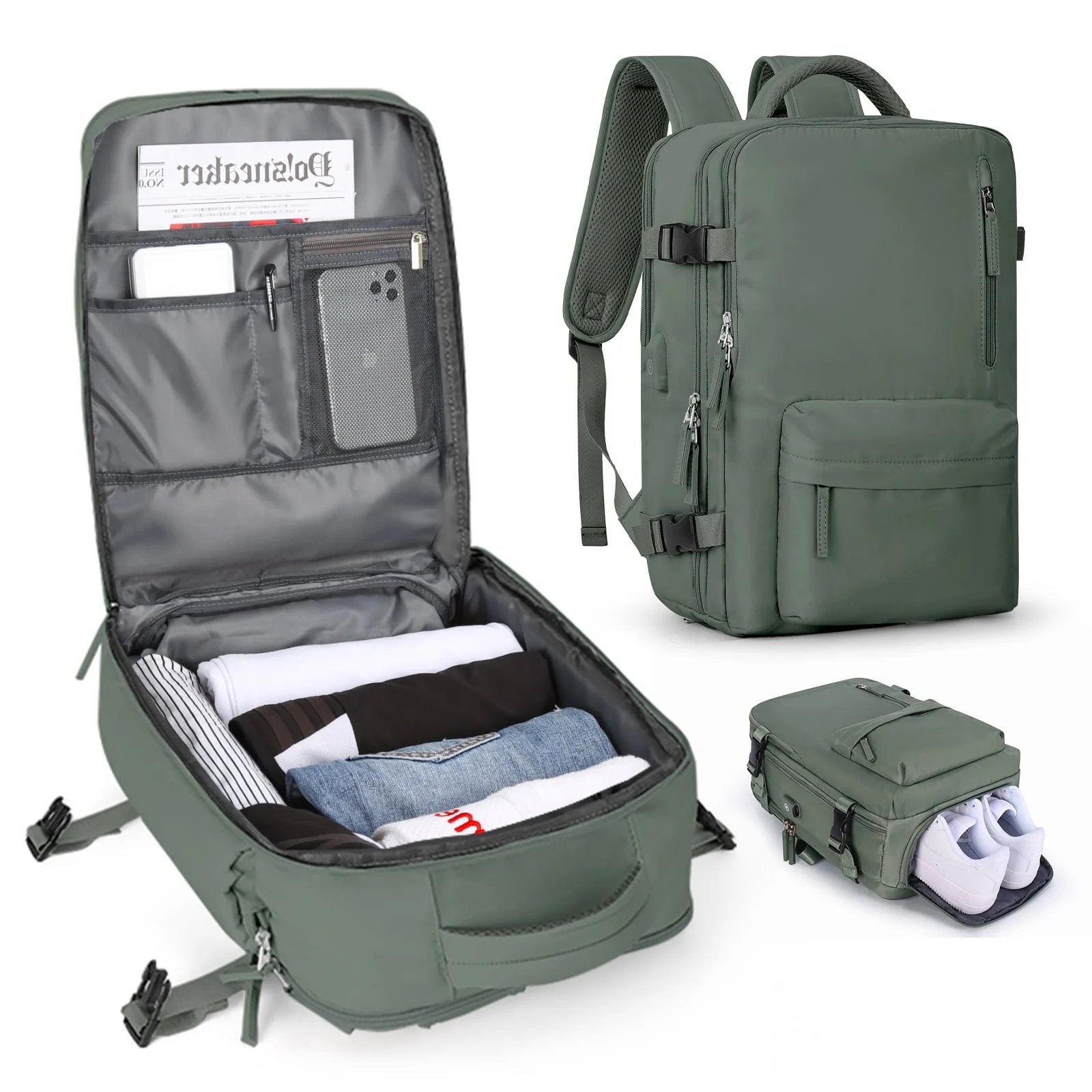 Sac à dos de voyage vert avec compartiments multiples, poche pour ordinateur portable, vêtements et chaussures, idéal pour organisation et mobilité.