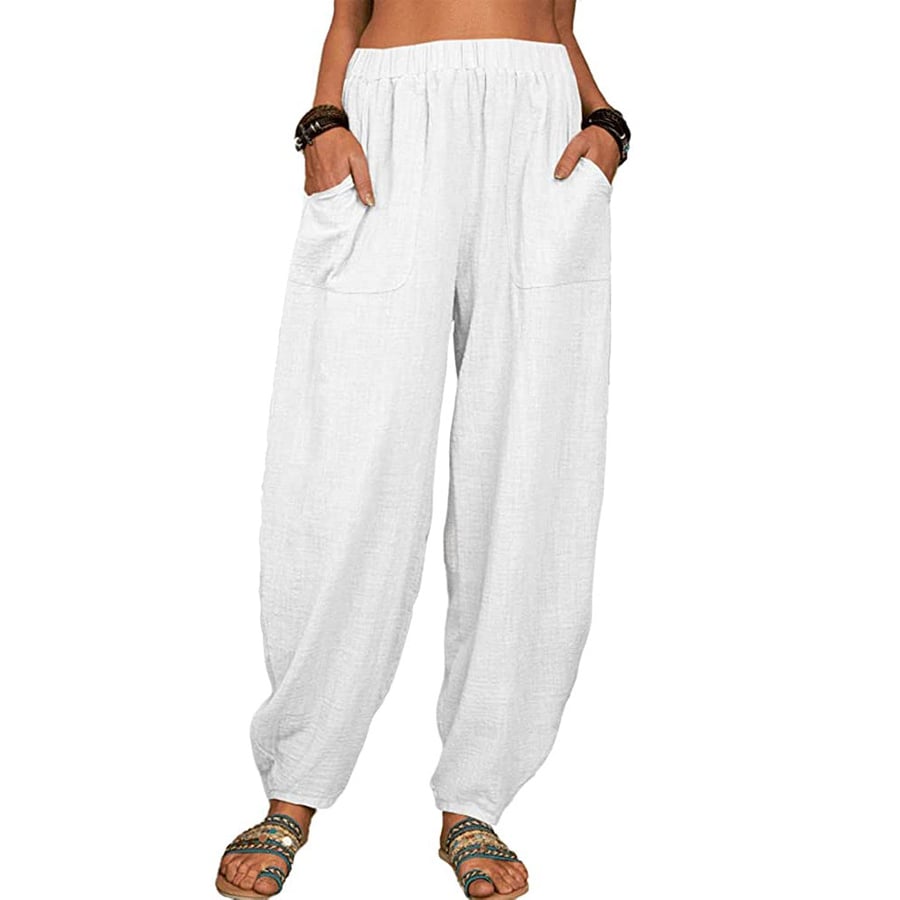 Pantalon ample blanc en lin pour femme, taille élastique, poches latérales, style décontracté, idéal pour l'été et les vacances.