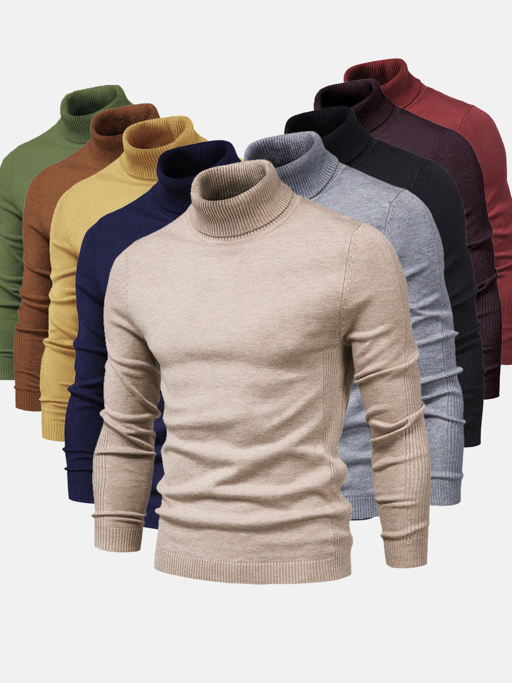Pulls col roulé pour hommes en plusieurs couleurs : beige, bleu, vert, jaune, gris, noir, bordeaux. Mode automne-hiver, vêtements chauds élégants.