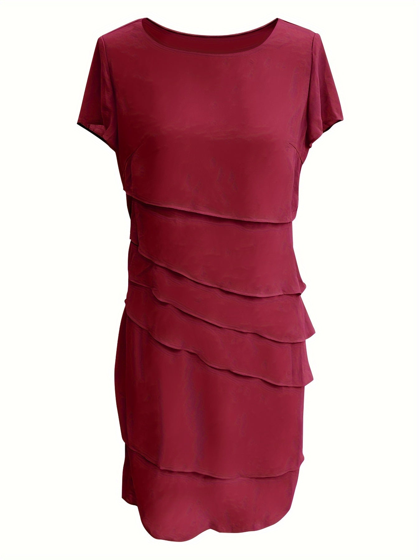 Elegante vestido formal de una sola capa con ribete de color, cuello redondo y manga corta para mujer | Para ocasiones formales