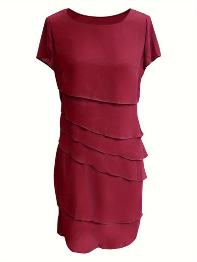 Elegante vestido formal de una sola capa con ribete de color, cuello redondo y manga corta para mujer | Para ocasiones formales