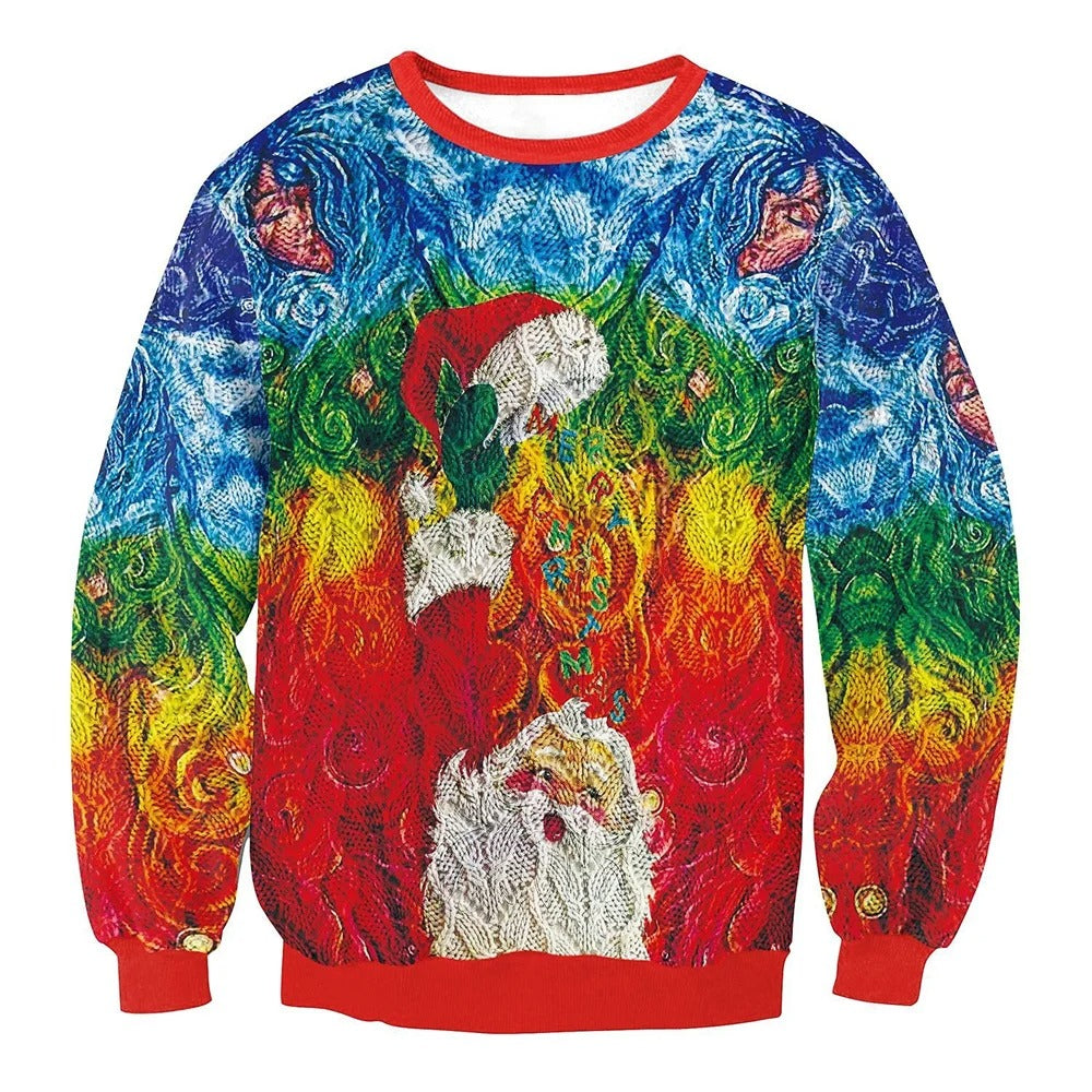 Pull de Noël coloré avec motif Père Noël, style Van Gogh, fond multicolore, manches longues, col rond rouge. Idéal pour fêtes et célébrations.