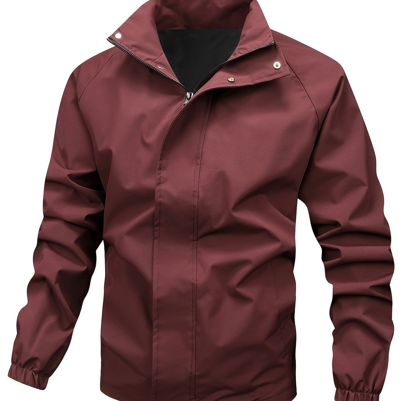 Veste imperméable bordeaux pour homme, coupe-vent, col montant, fermeture éclair, idéale pour l'automne et l'hiver. Mode masculine élégante.