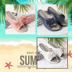 Sandales d'été pour femmes en cuir perforé avec fleurs décoratives, disponibles en rose, bleu et blanc. Confortables et élégantes pour la saison estivale.