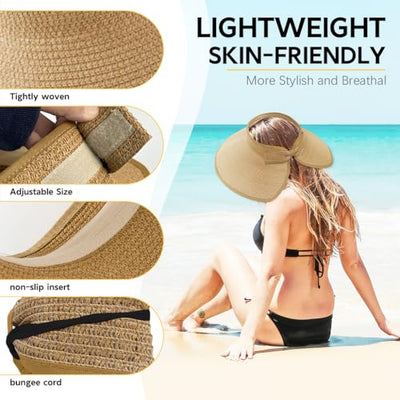 Sombrero de paja plegable para mujer con ala ancha y protección UV