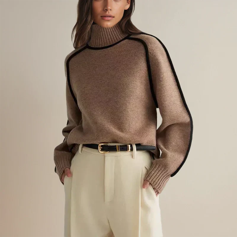 Femme portant un pull col roulé marron avec bordures noires, ceinture noire et pantalon beige. Mode automne-hiver, style élégant et moderne.