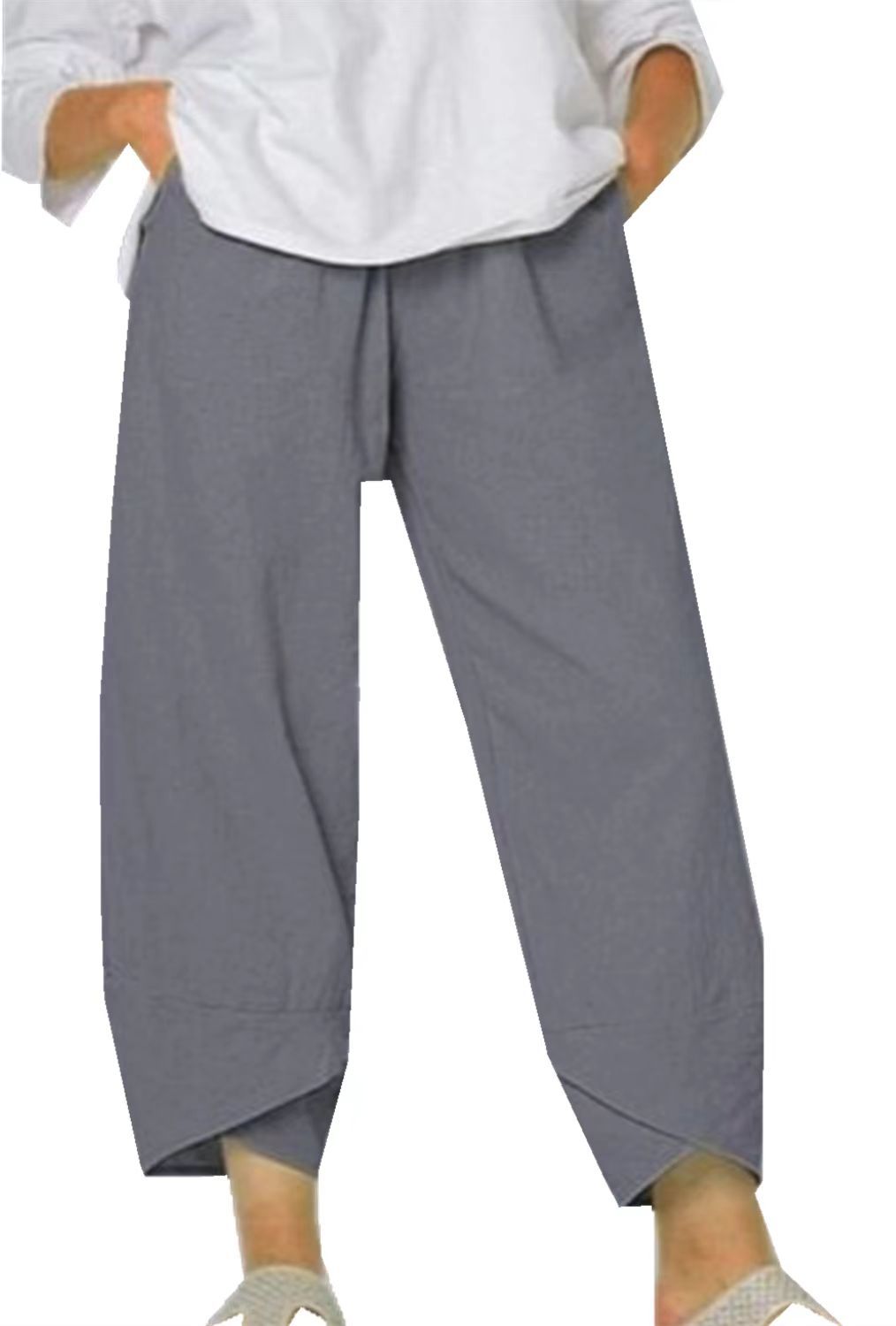 Pantalon ample gris pour femme, style décontracté, taille élastique, tissu léger, idéal pour l'été. Mode féminine confortable et tendance.