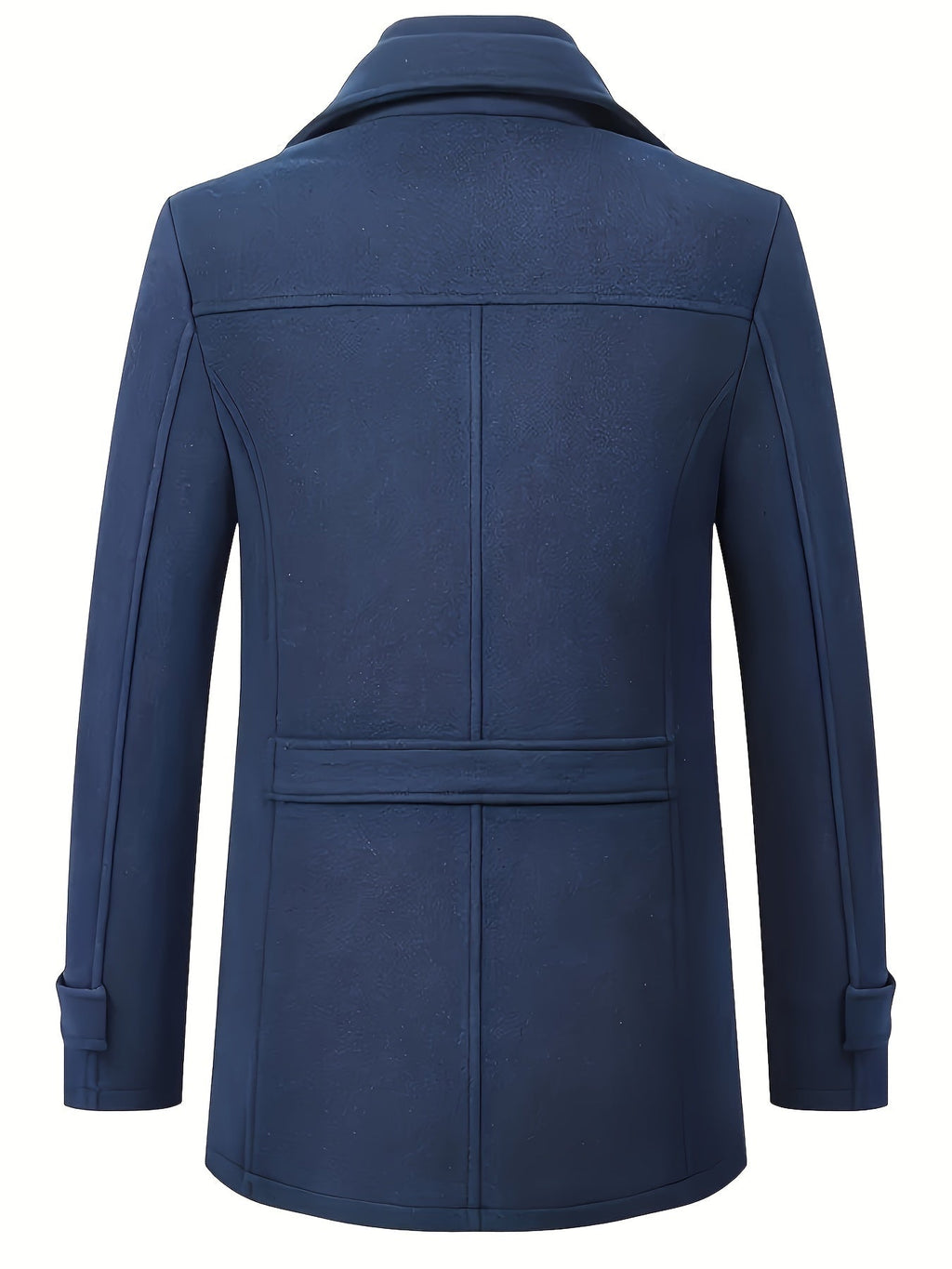 Manteau bleu marine pour homme, style classique, dos visible, coutures apparentes, col à revers, idéal pour l'hiver et la mode élégante.