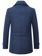 Manteau bleu marine pour homme, style classique, dos visible, coutures apparentes, col à revers, idéal pour l'hiver et la mode élégante.
