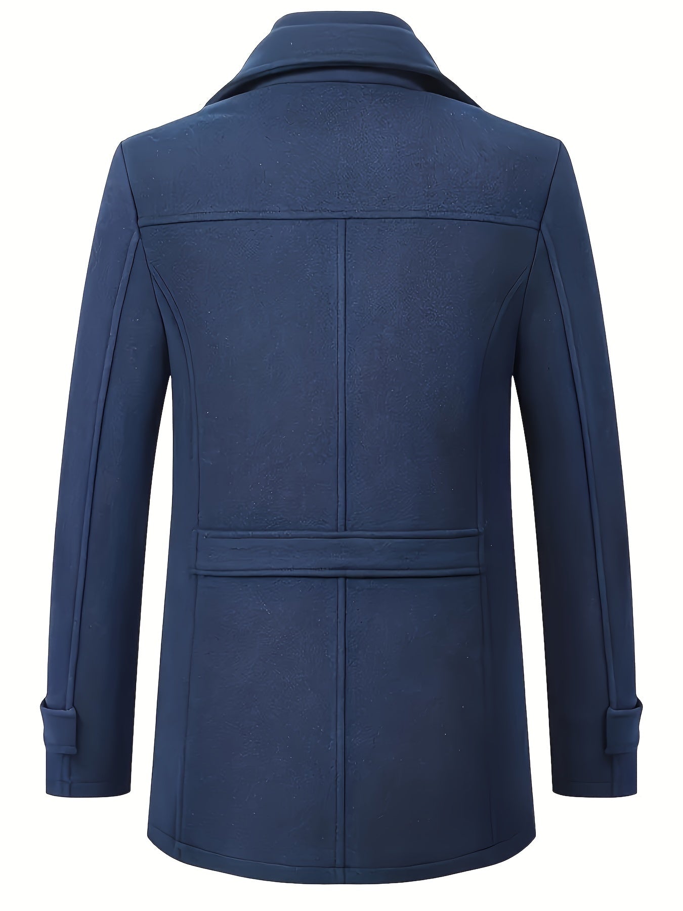 Manteau bleu marine pour homme, style classique, dos visible, coutures apparentes, col à revers, idéal pour l'hiver et la mode élégante.